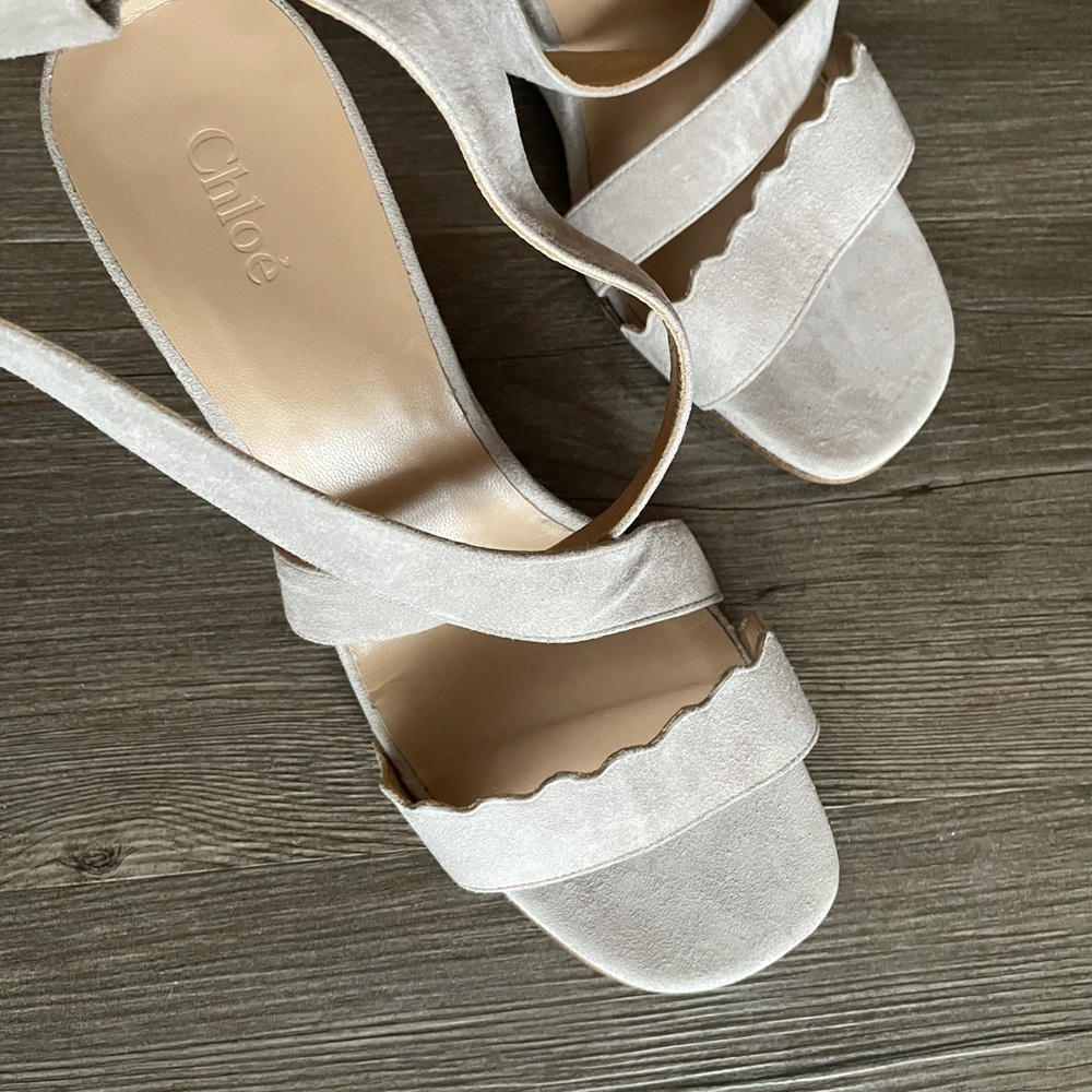 New Chloe grey suede ankle strap scalloped wedges